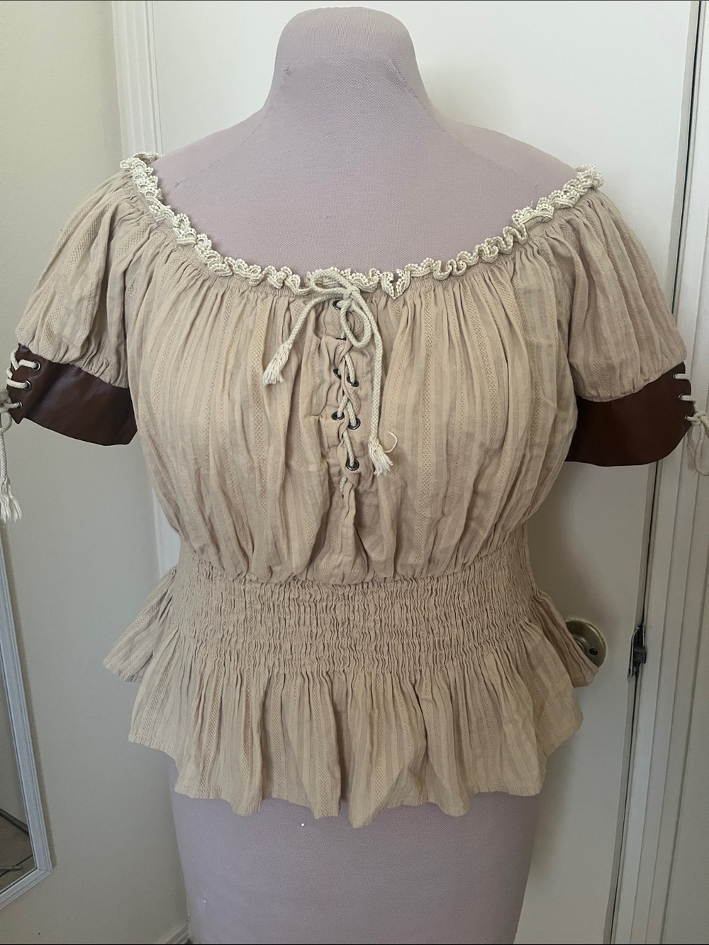 Women’s Beige Peasant Blouse, Smocked Waist, Renaissance Fair attire